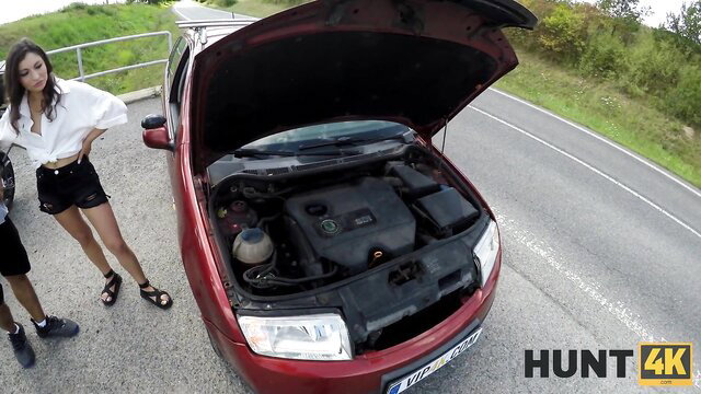 Helina Dream in skimpy outfit by broken car hood, Hunt4K amateur tease