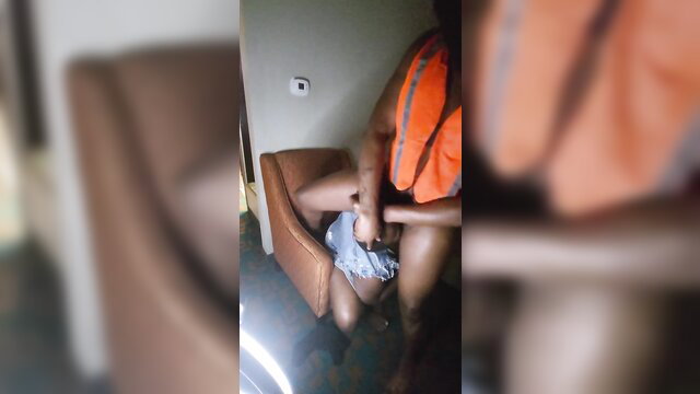 Thick black amateur woman riding huge cock in chair reverse cowgirl