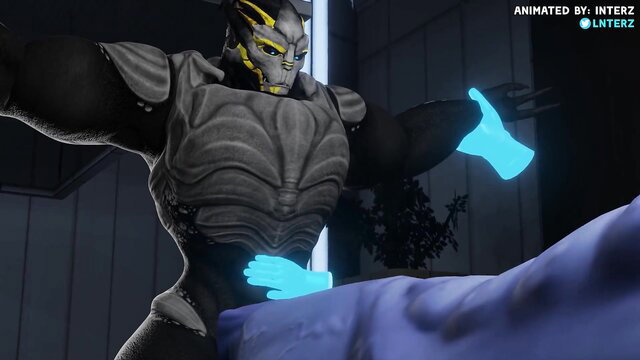 Muscular gray alien hunk with glowing blue hands gropes purple figure in hyper growth toon porn