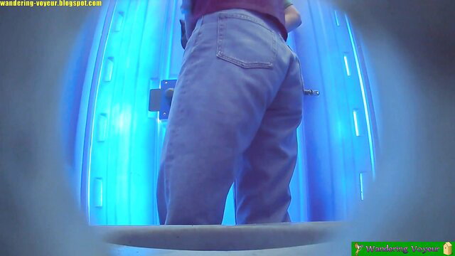 Russian woman tight jeans ass bending in public toilet spy cam