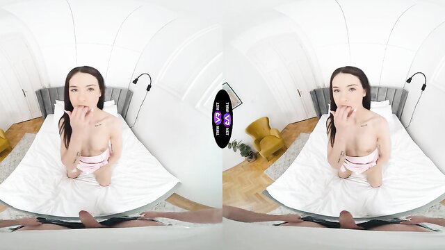 Skinny teen Matty Mila nude reverse cowgirl on bed POV