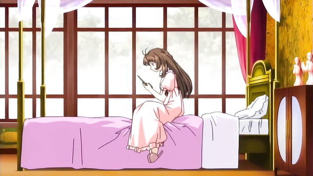 Cute anime daughter in pink nightgown sits on bed reading phone in hentai debt gangbang