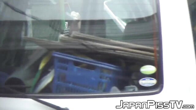 Asian girls pissing golden showers from hairy pussies in urinal