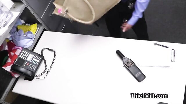 Caught MILF deep throats guard's hard cock at desk