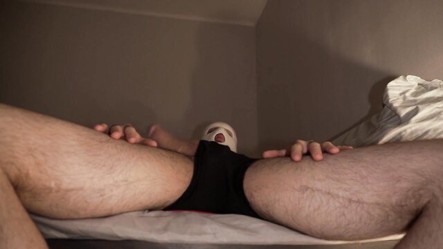 xVlaicu's huge cock bulging in black briefs, masked man POV legs spread