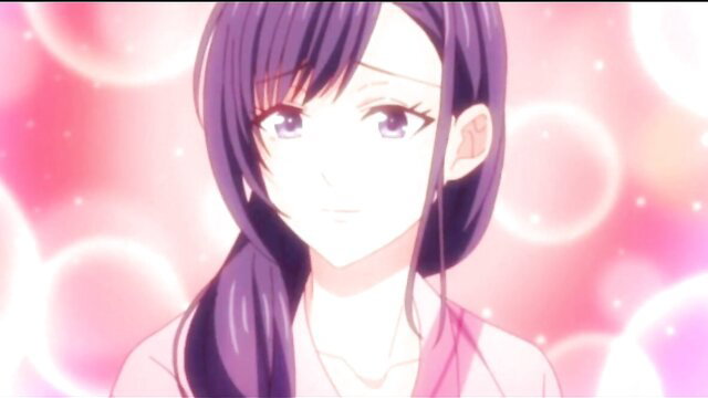 Purple-haired Asian anime girl smiling seductively in pink hentai lesbian thumbnail