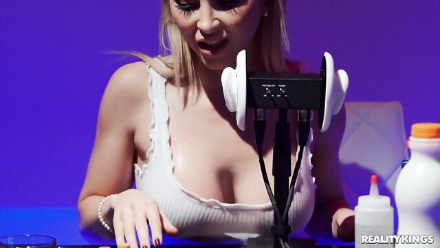 Alix Lynx blonde bombshell in wet white top, big tits spilling out