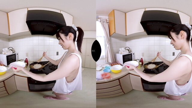 Japanese babe in sheer apron cooking topless VR POV