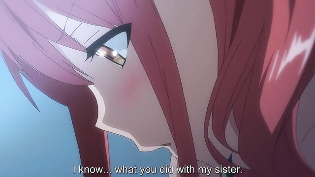 Redhead anime stepsister confronts brother with flushed face, jealous glare