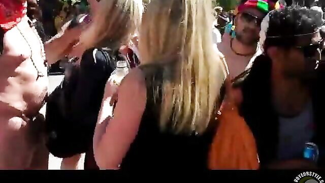 Naked old men grope hot blondes at street fest, nude pics
