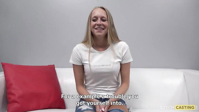 Blonde Czech beauty smiles in tight white tee, bold adult debut tease