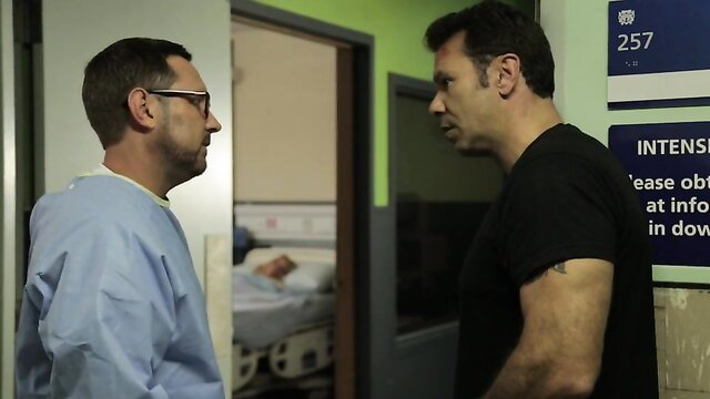 Jessica Drake as nurse in hospital with tattooed man in black shirt