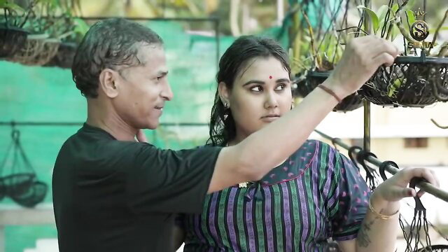 Indian BBW with wet hair tends plants with older man in steamy outdoor tease