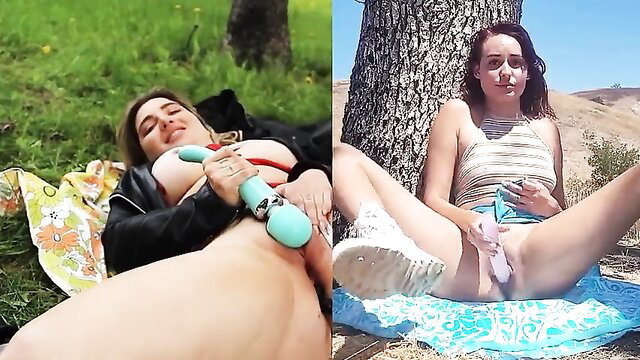 Two busty brunettes masturbate outdoors with toys side by side