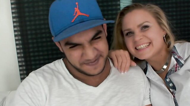 Smiling blonde wife with Arab hubby in amateur cuckold pose