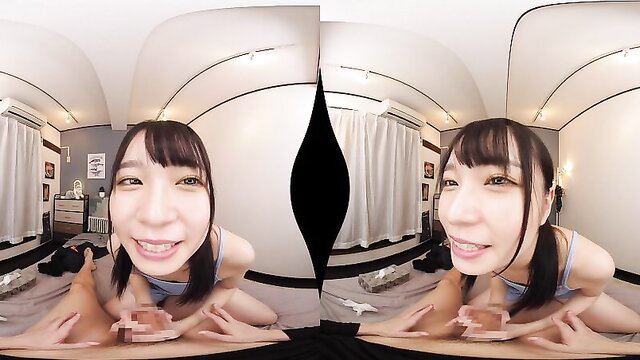 Japanese temptress with bangs smiling in lingerie VR POV