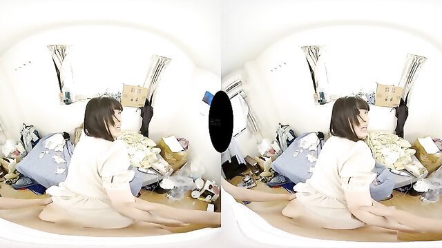 Delightful Asian teen in hot VR scene, sitting nude in messy room