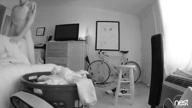 Nude blonde amateur bending over bed in bedroom