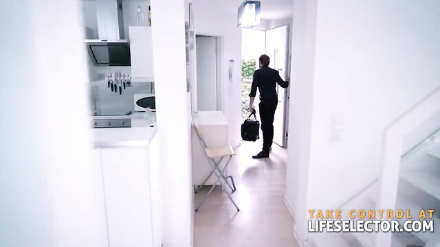 Man in suit with briefcase enters apartment in hot 4-way bday setup