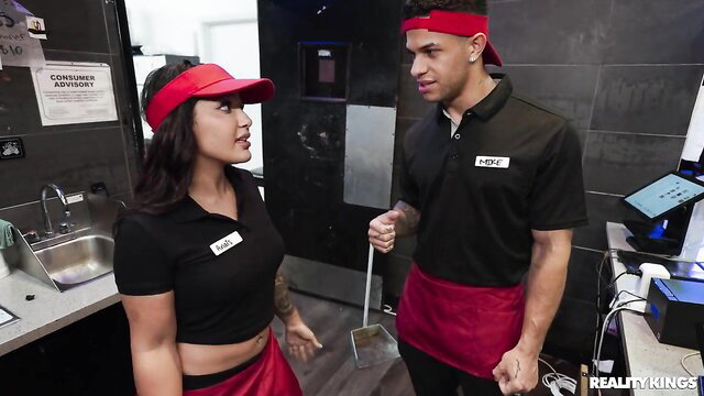 Anais Amore in fast food uniform with coworker at Reality Kings