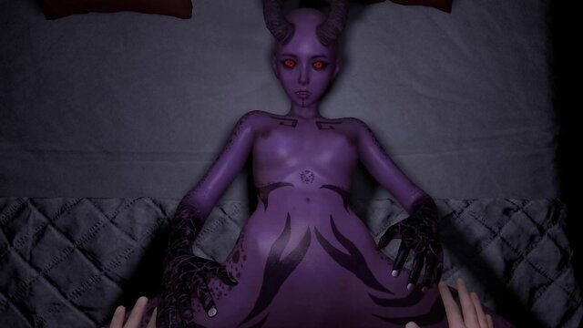 Purple demon girl POV creampie, spreading pussy on bed