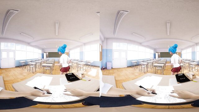 Blue-haired JAV schoolgirl in classroom with notebook, Final Exam Cumtoon