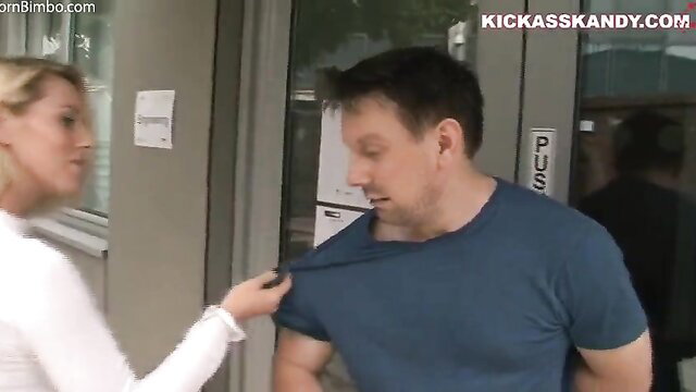Blonde Aish grabs shirt of man in KickAss Security roleplay