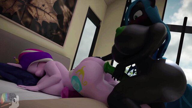 Pink pony princess fucked by curvy teal demon girl in bed, 4K