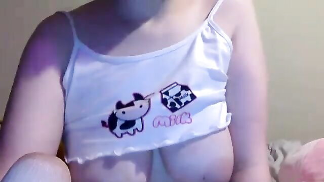 Babyostara in cow print tank top, big natural tits teasing, Chaturbate leaked