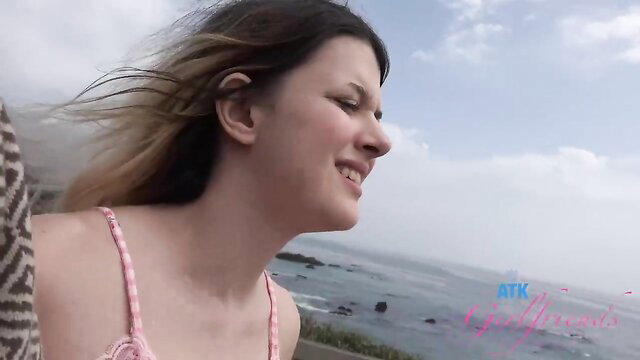 Dez Hansen smiling in pink bikini by ocean beach ATK Girlfriends