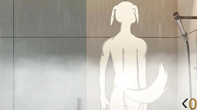 Silhouetted nude anthro dog furry male showering from behind