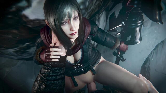 Aranea Highwind in sexy leather outfit, seductive standing pose, cleavage exposed