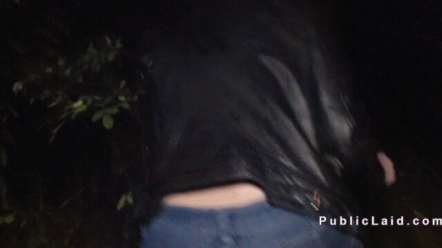 Blonde in leather jacket and tight jeans bends over outdoors in public agent scene