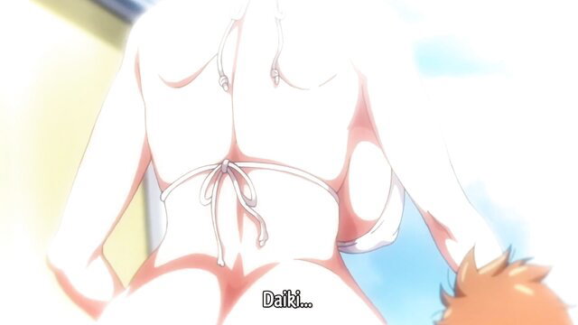 Anime girl in skimpy white thong bikini, huge ass from behind at beach