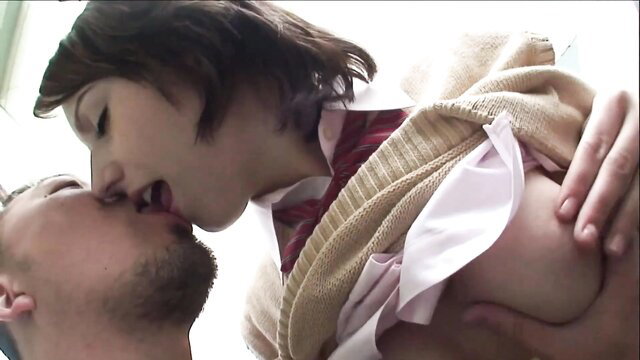 Lexi Belle kisses bearded guy in schoolgirl uniform, tits exposed