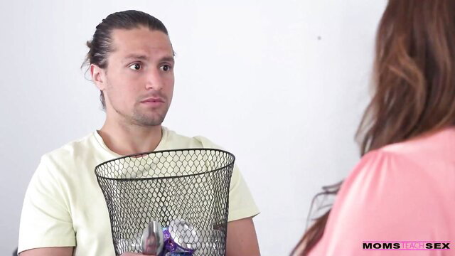 Stepmom confronts man holding trash can in taboo dad roleplay