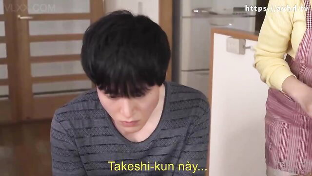 Beautiful wife in apron calls shy Japanese brother-in-law Takeshi-kun in kitchen