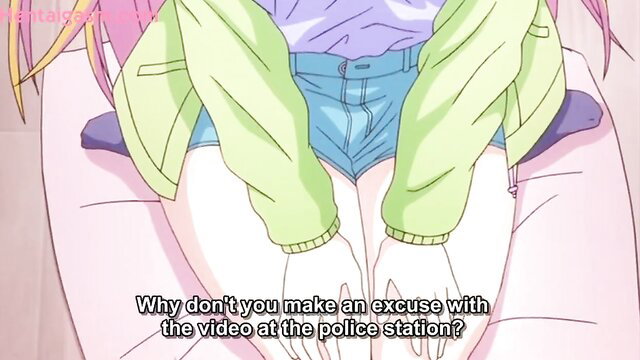 Hentai girl in tight denim shorts and green jacket at police station