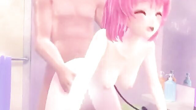 Cute pink-haired hentai babe drilled doggystyle in bathroom