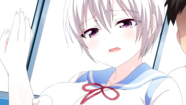 Cute silver-haired anime girl in school uniform waving, big tits blush