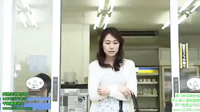 Japanese wife in white dress at door, affair tease