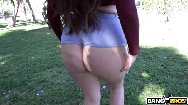 Curvy BBW with huge ass in tight shorts bending over outdoors