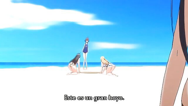 Anime hentai girls in skimpy bikinis on beach, big hole tease, eroge ep 2