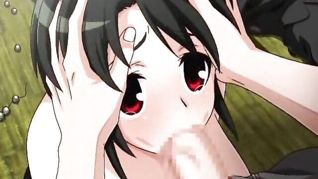 Anime girl with red eyes gets facefucked outdoors closeup