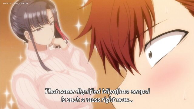 Hentai girl Miyajima senpai in pink sweater blushing with close-up male face