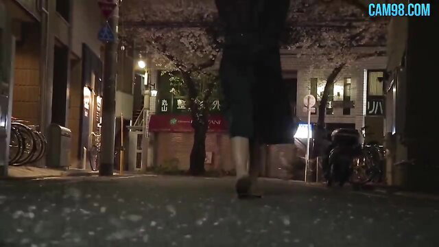 Japanese stepdad stalks daughter in tight dress under cherry blossoms at night