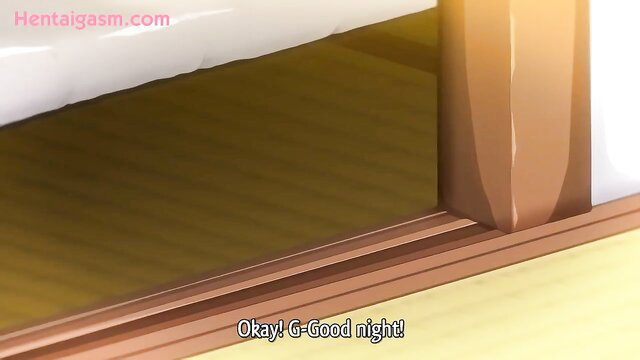 Anime hentai wife in yellow dress waves goodnight from bed