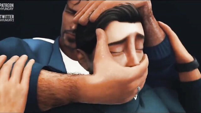 Animated gay hunk held down, hands gagging mouth in intense toon scene