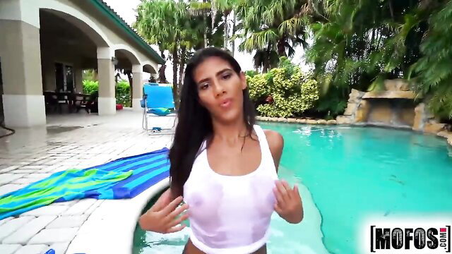 Victoria Valencia wet white tank top tease by pool