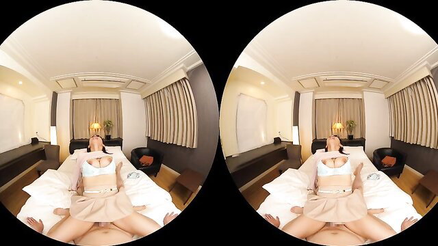 Japanese VR POV babe in bra skirt spreads legs on bed erotic tease